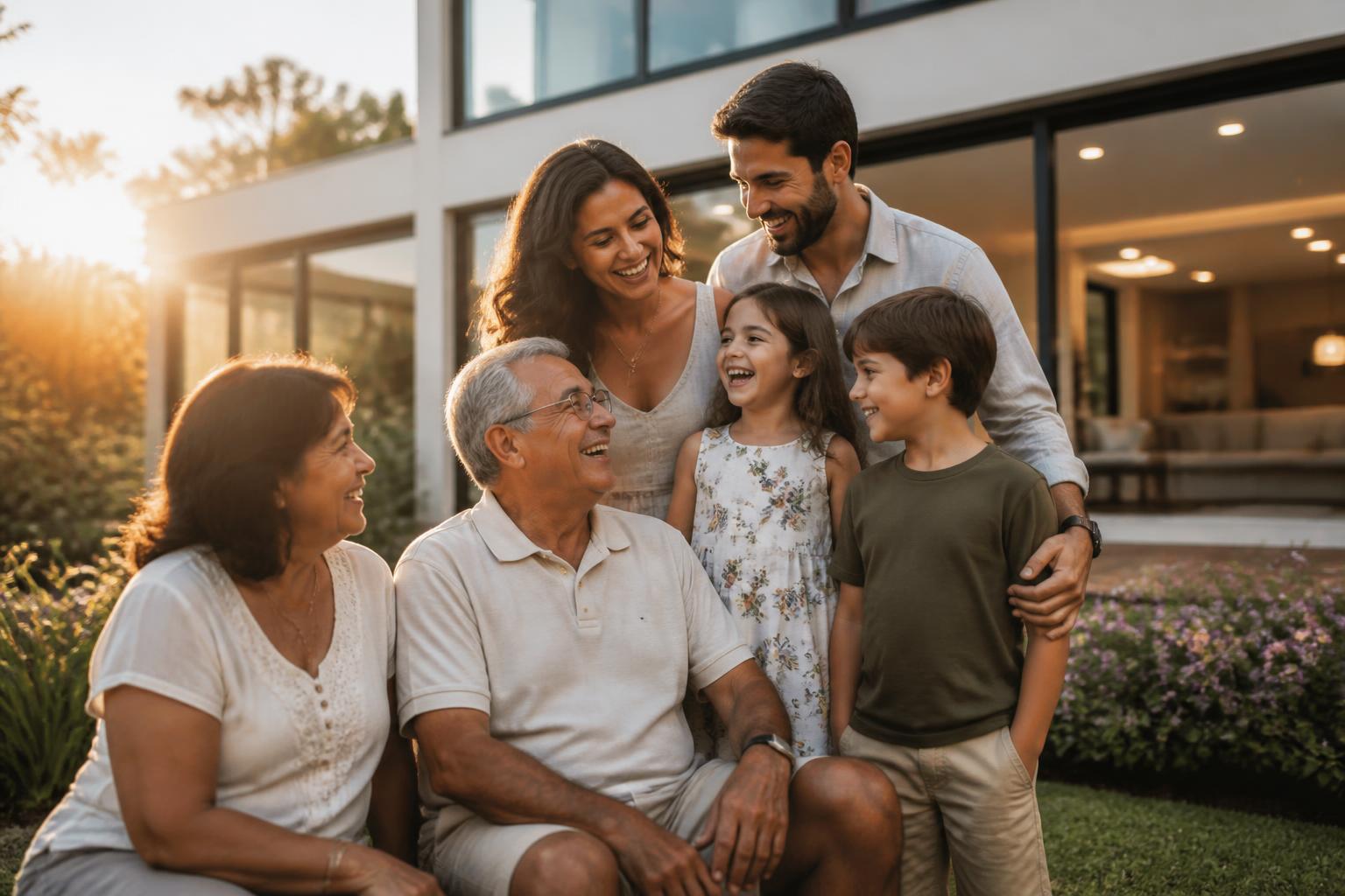Família feliz em frente a casa nova